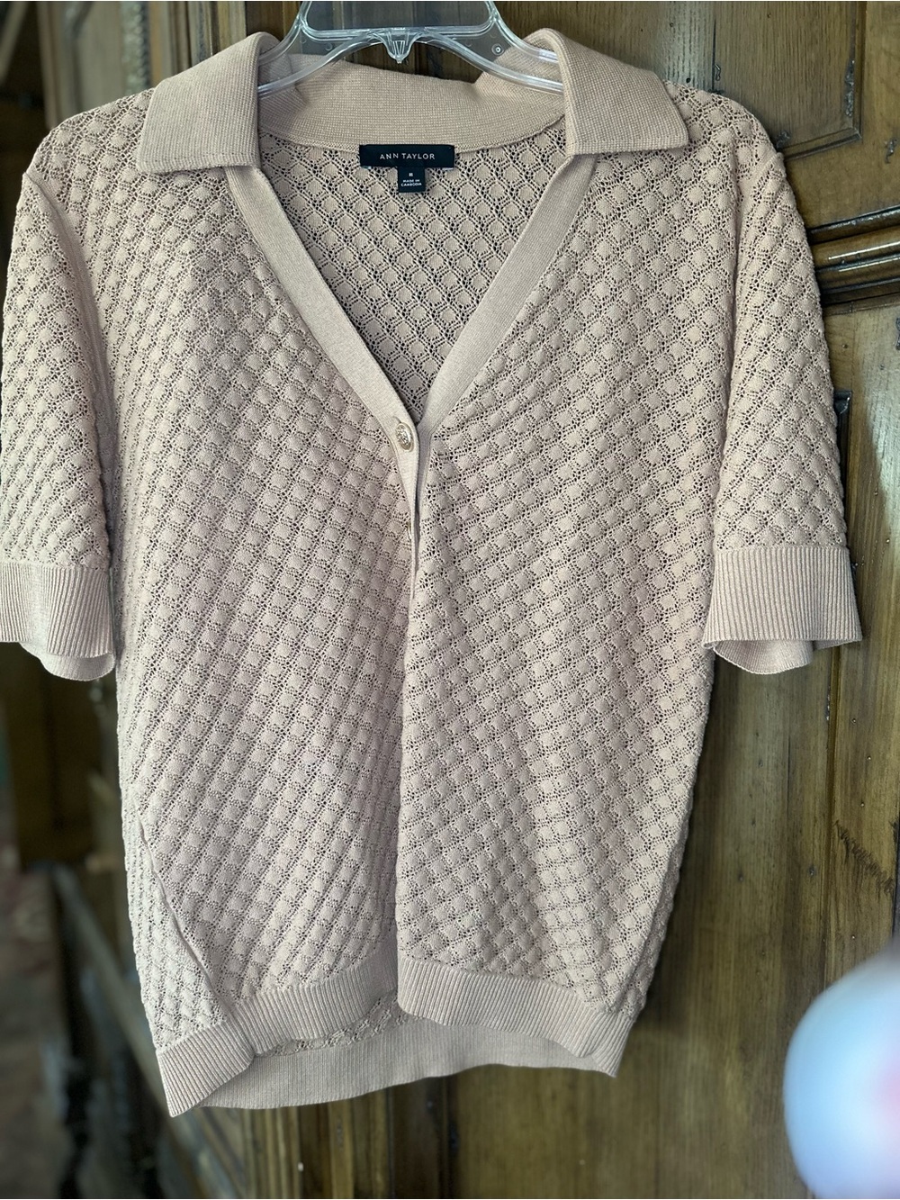 Ann Taylor Women's Short-Sleeve Knit Polo Sweater in tan